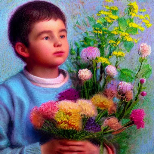 Prompt: a young boy is holding a bouquet of flowers, a pastel by bourgeois, pixabay, art & language, stockphoto, vray