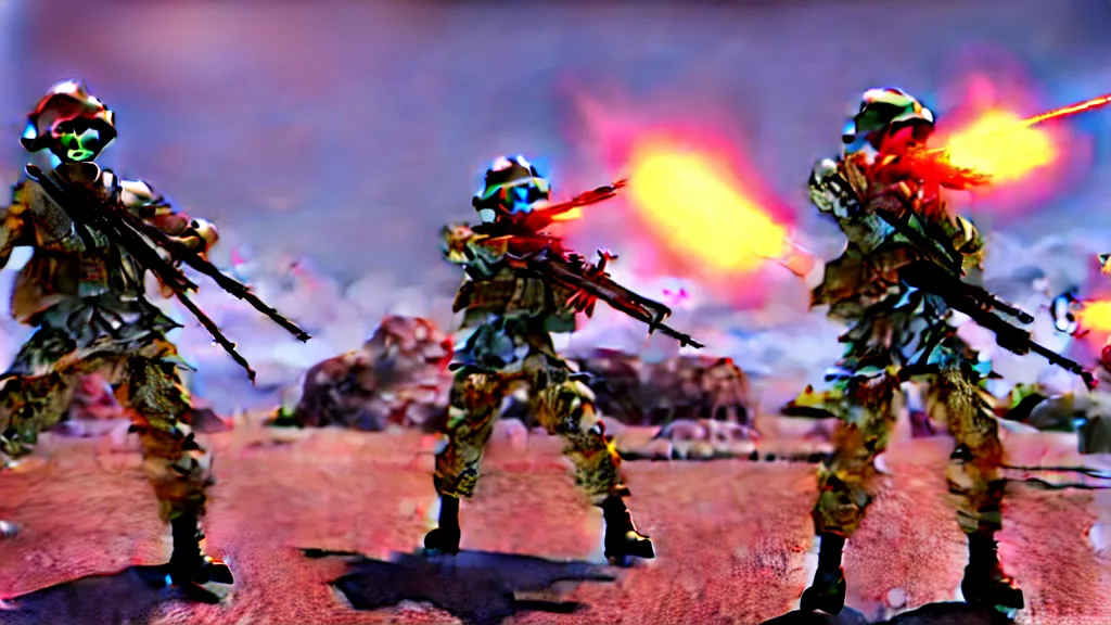 Image similar to two futuristic japanese soldiers firing away from the camera, eye catching composition, realistic, unreal engine 5, global illumination, detailed environment, bright colours, cinematic, atmosphere, 4 k