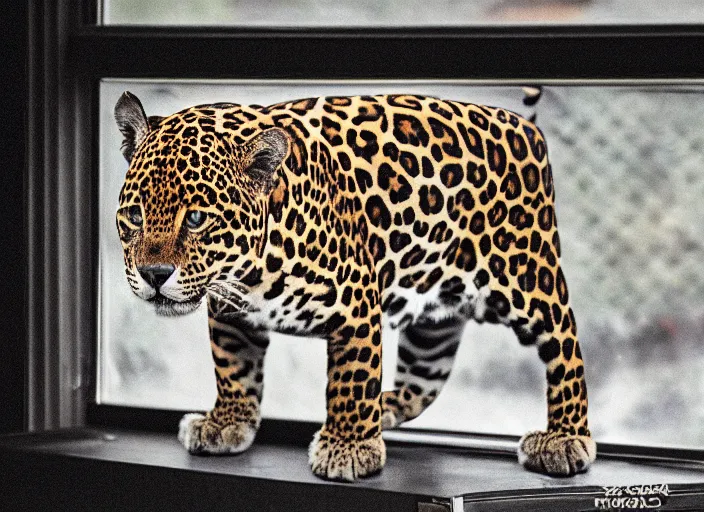 Image similar to photography of a Jaguar Cat . watching outside the window. on a bed. in a 70's room full of vinyls and posters, photorealistic, award winning photo, 100mm, sharp, high res