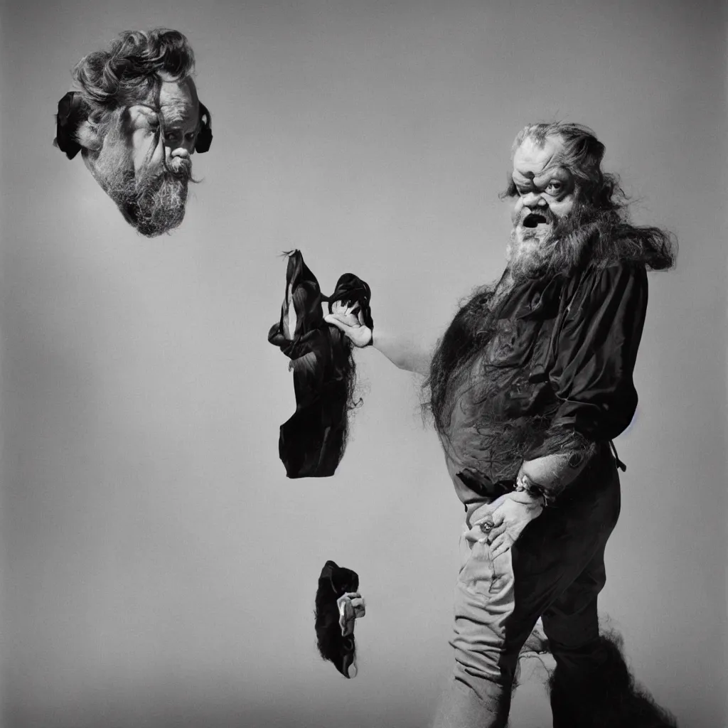 Prompt: An Alec Soth portrait photo of Orson Welles as Falstaff, he is wearing several horse-hair wigs, outdoor environmental portrait, lunar backdrop