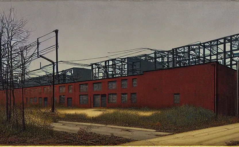 Prompt: industrial buildings surrounded by undergrowth by clarence holbrook carter