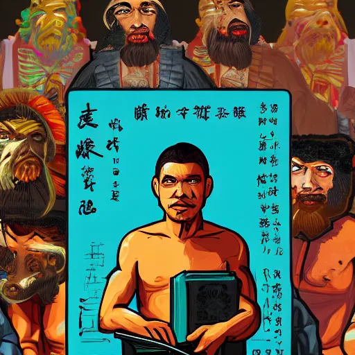 Prompt: an painting with saint homo neanderthalis with book of science on hand, gta chinatown wars art style, hyperrealistic, rgba colors, remove duplicate content, justify contents center.