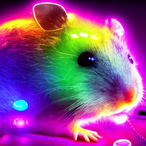 Prompt: cyberpunk hamster made of glowing rainbow neon lights gems and crystals, light reflection, 8 k, hd, logo
