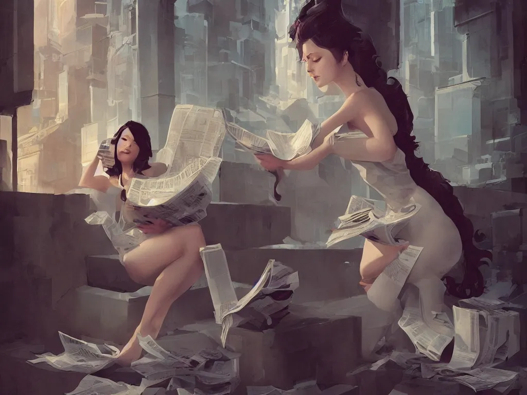 Image similar to seductive goddes reading newspaper in modern city in the style of Durand and greg rutkowski, beautiful, geometric, trending on artstation, cinematic