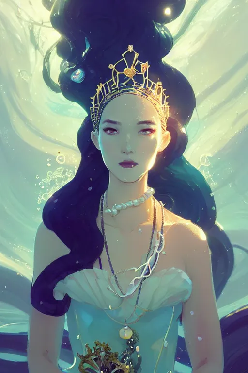 Prompt: portrait of a beautiful queen of the ocean with pearl and gold and crystal jewelry in complex and shiny dress made by jellyfish, by ross tran and atey ghailan, by greg rutkowski, by greg tocchini, by james gilleard, by joe fenton, by kaethe butcher, dynamic lighting, grunge aesthetic