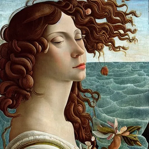 Image similar to an hyperrealistic mythological oil painting of venus with long curly brown hair, full body, wearing floral chiton, sleeping in a giant scallop shell near the seashore, intricate, elegant, renaissance style, by sandro botticelli -
