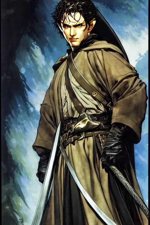 Prompt: attractive man, the lord of the rings, painting by j. c. leyendecker, yoji shinkawa, katayama bokuyo