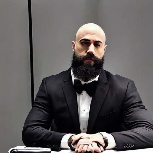 Prompt: Kratos in formal suit attending a corporate meeting