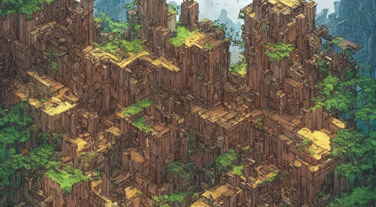 Prompt: open door wood wall fortress greeble block amazon jungle on portal unknow world ambiant fornite that looks like it is from borderlands and by feng zhu and loish and laurie greasley, victo ngai, andreas rocha, john harris