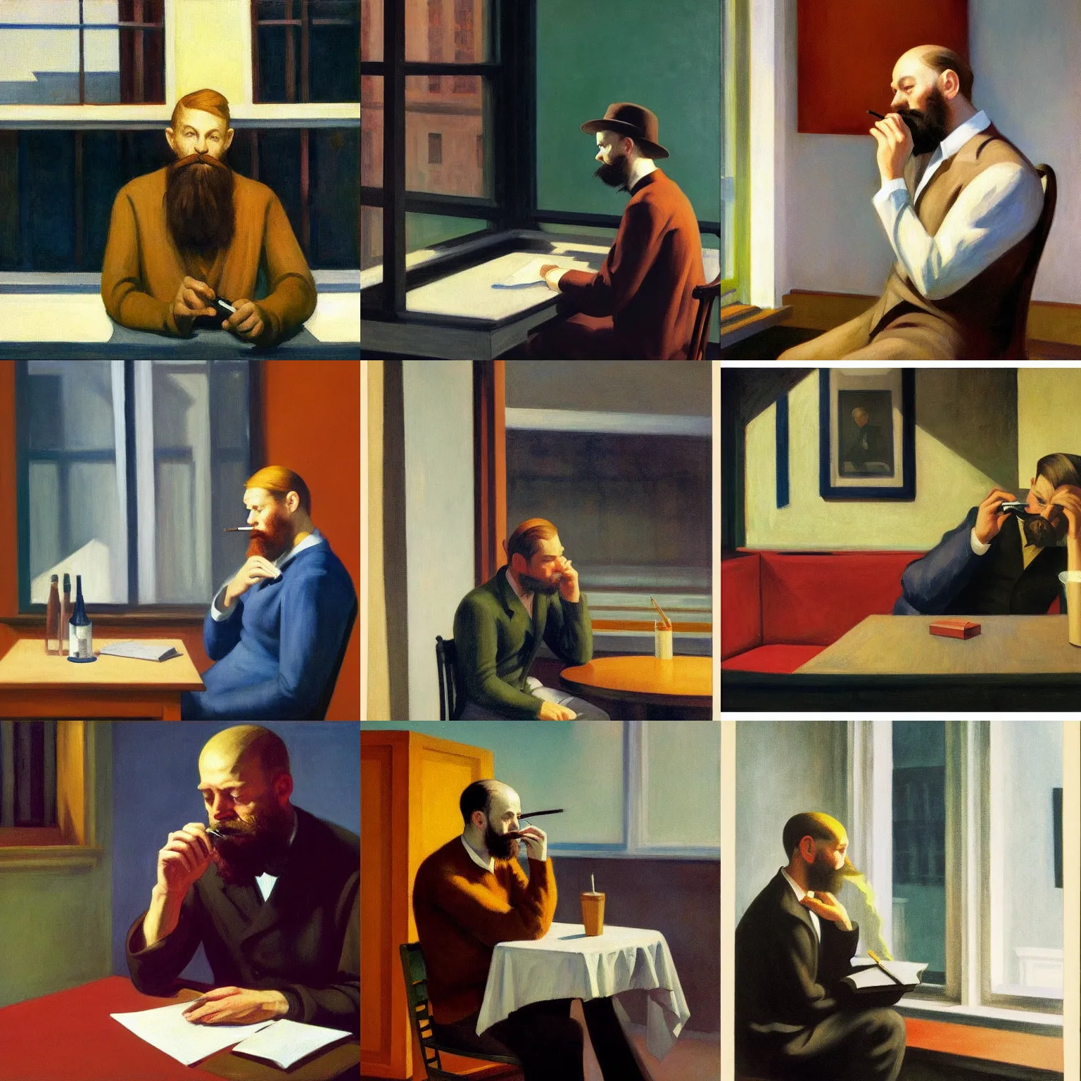 Prompt: Edward hopper painting of a writer with a beard sitting, he is smoking a cigarette, he is wearing a brown sweater, dramatic lighting, highly detailed, realistic
