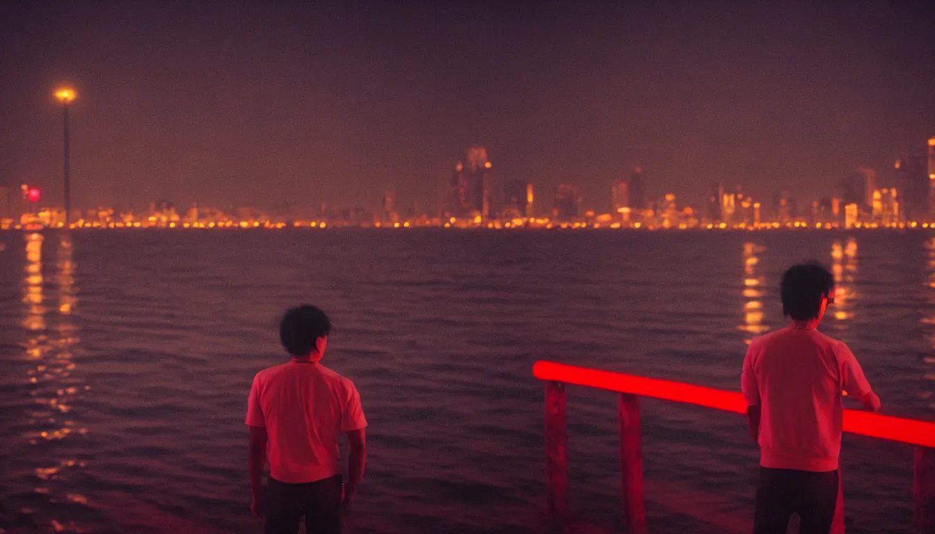 Image similar to 80s asian neon movie still with a lone man on a pier overlooking the river at night with city lights behind his back. Fallen angels movie still. hyperrealistic, high definition, medium format photography, highly detailed, tehnicolor, anamorphic 50mm lens