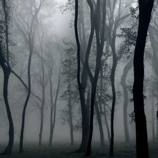 Image similar to A photograph of a strange forest with trees made of feathers, in fog