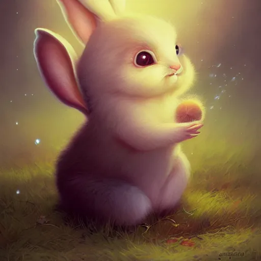Image similar to funny cute little bunny monster by tom bagshaw, artgerm, jeremiah ketner, beeple and charlie bowater, soft lighting, solid background,