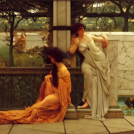 Prompt: oil painting on wood. 1 8 9 6. titled fables. by herbert james draper, sir lawrence alma - tadema, john william godward. epitome of victorian era.