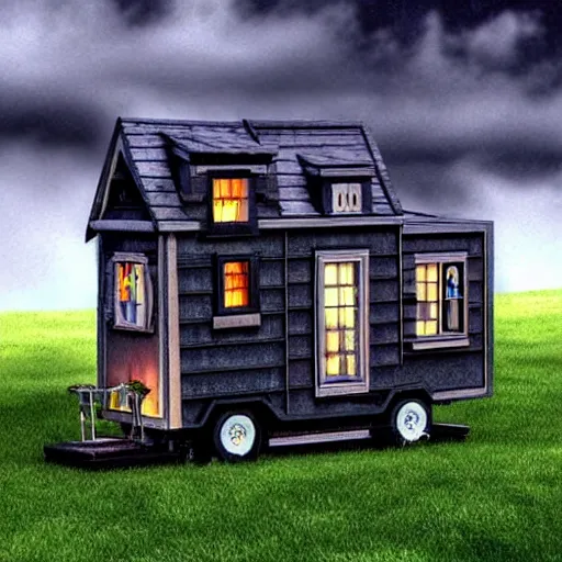 Image similar to strange tiny house by Tim Burton, (by Tim Burton) dark background, volumetric lighting