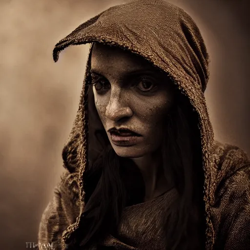 Prompt: stunning beautiful portrait photography of medieval thieve from national geographic award winning, dramatic lighting, taken with canon 5d mk4, sigma art lens