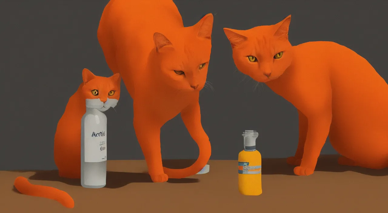 Prompt: a cat standing next to a bottle of medicine. orange cat. animal. digital art. artstation. illustration. lounge room.