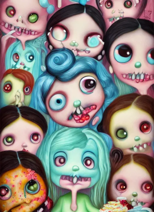 Image similar to fnafs eating cakes painted by mark ryden, detailed digital art, trending on Artstation