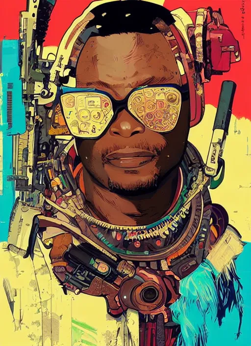 Image similar to chidi igwe. cyberpunk mercenary portrait illustration, pop art, splash painting, art by geof darrow, ashley wood, alphonse mucha, makoto shinkai