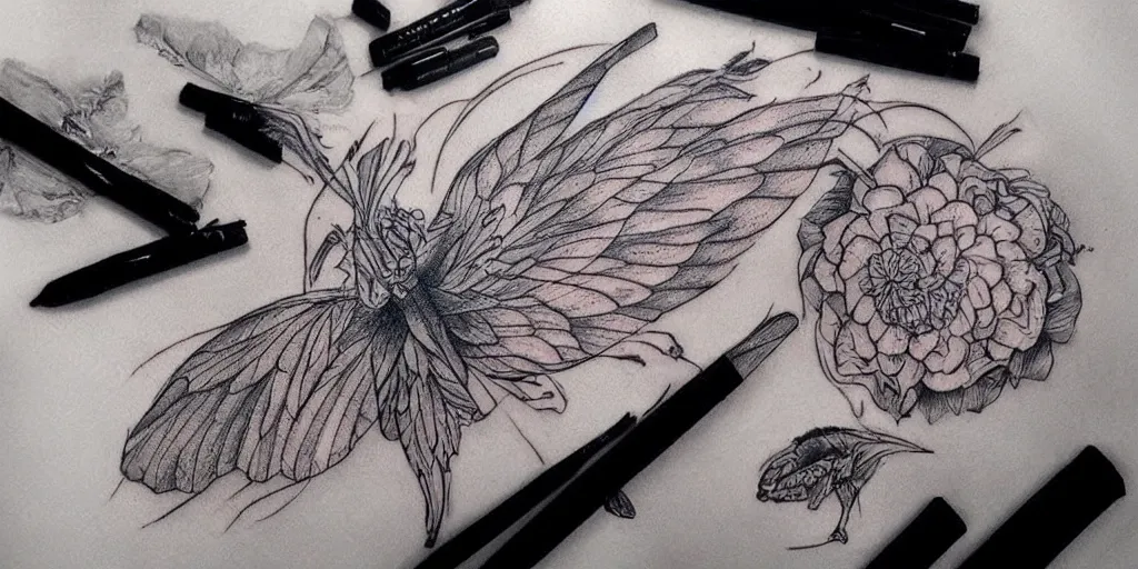 Prompt: realistic tattoo designs drawn on paper, golden, delicate, hyper realism, 1 4 5 0, ink, ultra realistic, 8 k