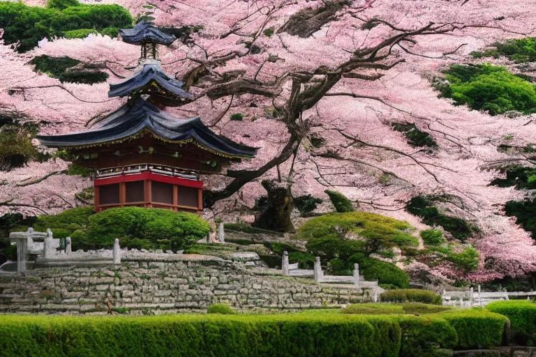 Image similar to concept art, japanese blossom trees scene, pagoda, cinematic