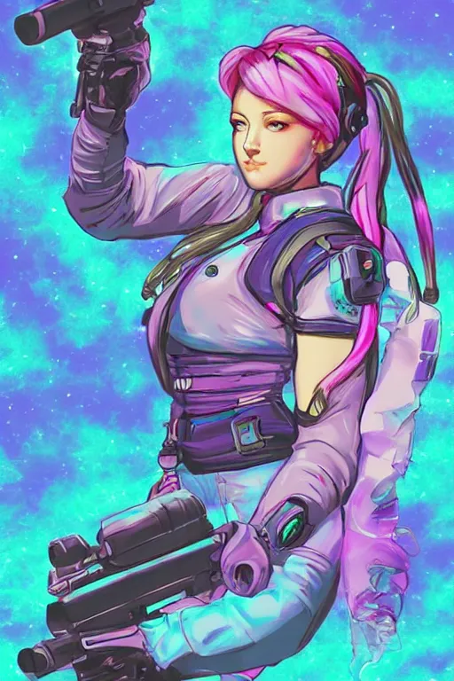 Image similar to Concept art of a beautiful space cowgirl holding a rifle. Vaporwave