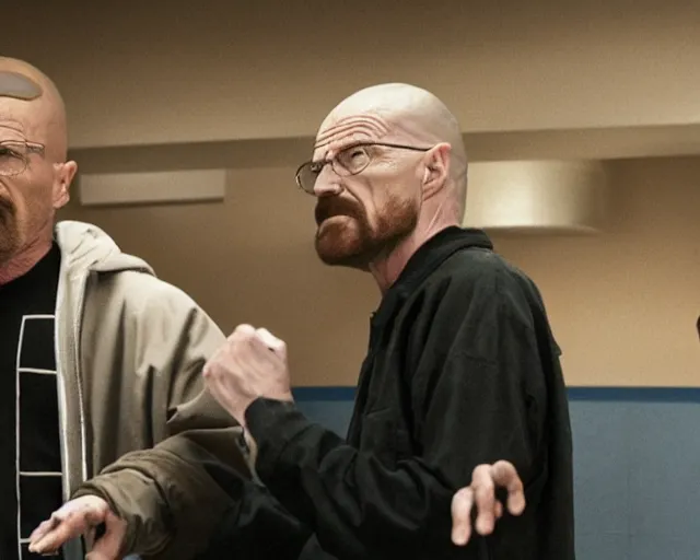 Image similar to walter white having a rap battle against saul goodman, movie still,