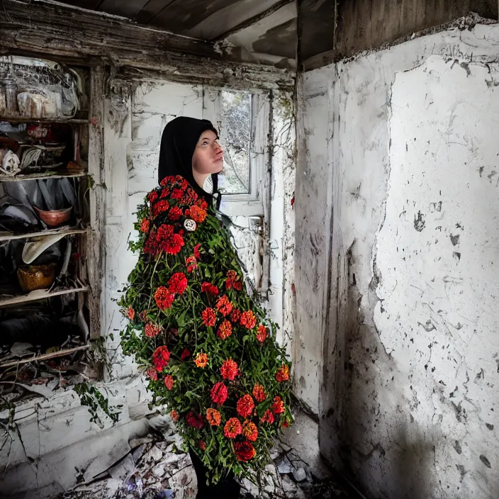 Prompt: a woman wearing a hooded cloak made of zinnias and barbed wire, in a derelict house, by Omar Z. Robles, natural light, detailed face, CANON Eos C300, ƒ1.8, 35mm, 8K, medium-format print