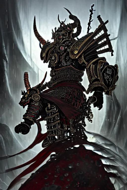 Prompt: asura from chinese myth, ancient japanese samurai, luxurious armor mixed with leather and metal, gothic diablo art, rococo art, cyberpunk, mecha, halfturn portrait of a big crystal face made of crystals half - turn, ominous, intricate, studio, art by anthony macbain + greg rutkowski + alphonse mucha, concept art, 4 k, sharp focus