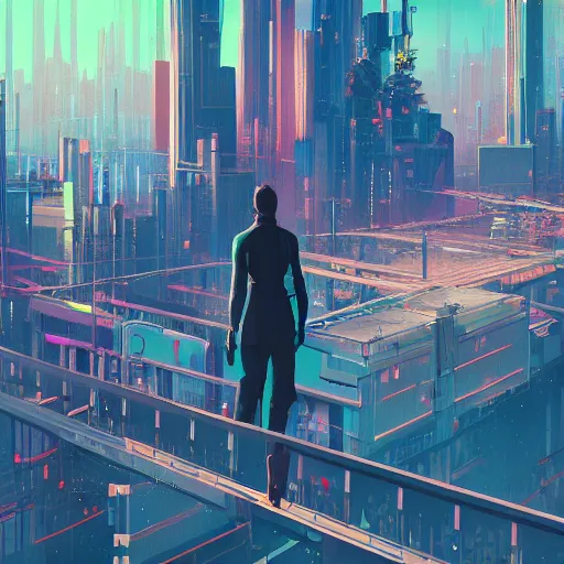 Prompt: a man standing on top of a bridge over a city, cyberpunk art by james gilleard, cgsociety, retrofuturism, cityscape, synthwave, matte painting