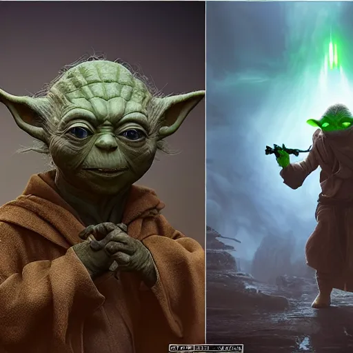 Image similar to yoda ( 2 0 2 1 ) walking next to groot ( 2 0 1 7 ). they are friends. photorealistic, digital art, epic fantasy, dramatic lighting, cinematic, extremely high detail, cinematic lighting, trending, artstation, cgsociety, 3 d ue 5, 4 k, hq