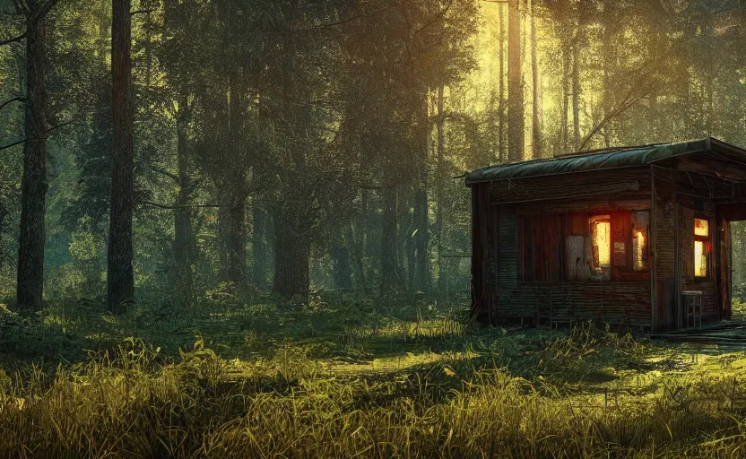 Image similar to photorealistic abandoned cyberpunk rustic metal cabin in a lush forest. daylight. sunlight. lens flare. light fixtures. 8K. detailed. photorealism. artstation. 25mm f/1.7 ASPH Lens. ultra realistic