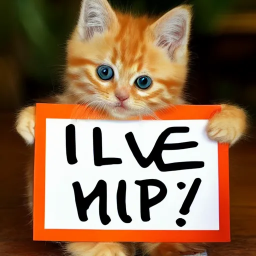 Image similar to cute fluffy orange tabby kitten with a sign that says