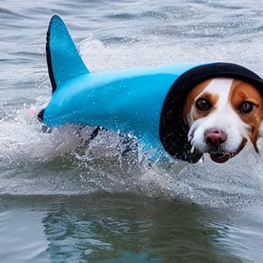 Prompt: Dog cosplaying badly as a shark