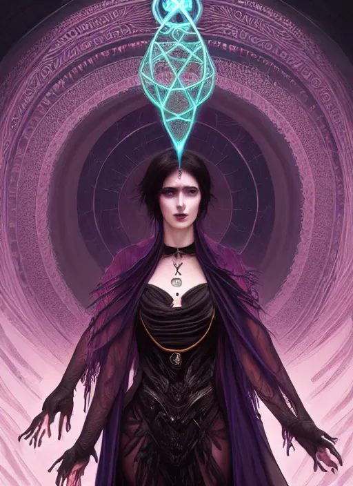 Image similar to a beautiful cinematic female Necromancer Sorceress, galatic shamen with Quantum energy fantasy, fantasy magic, short fade hair, undercut hairstyle, dark light night, intricate, elegant, sharp focus, illustration, highly detailed, digital painting, concept art, matte, art by WLOP and Artgerm and Greg Rutkowski and Alphonse Mucha, masterpiece