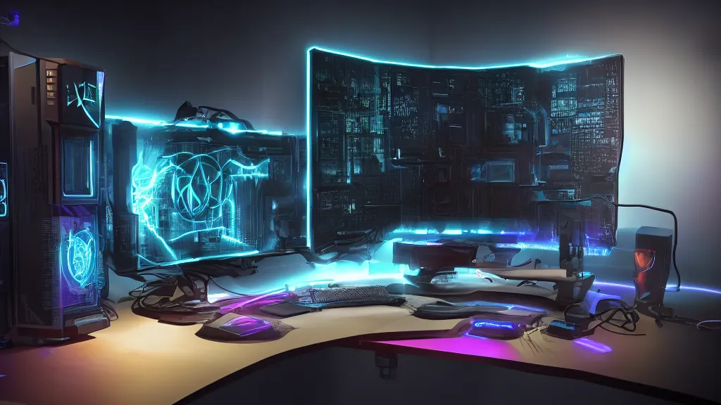 Image similar to a cyberpunk overpowered computer. Overclocking, watercooling, custom computer, cyber, mat black metal, alienware, futuristic design, desktop computer, nebula, galactic, space, minimalist desk, minimalist home office, whole room, minimalist, Beautiful dramatic dark moody tones and lighting, orange neon, Ultra realistic details, cinematic atmosphere, studio lighting, shadows, dark background, dimmed lights, industrial architecture, Octane render, realistic 3D, photorealistic rendering, 8K, 4K, Cyborg R.A.T 7, Republic of Gamer, computer setup, highly detailed