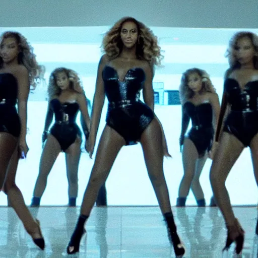 Prompt: Four squares of Beyonce, hitting the mall like a donkey kong, wide-shot, still from a futuristic movie.