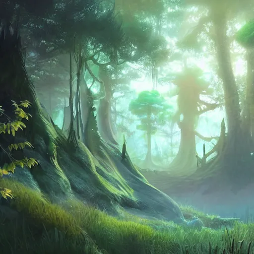 Prompt: concept art painting of a mystical alien fantasy forest, with fog and strange colorful plants, realistic, detailed, cel shaded, in the style of makoto shinkai and greg rutkowski and james gurney