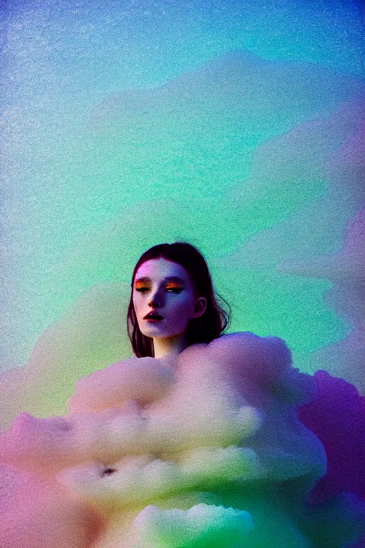 Image similar to high quality pastel coloured film close up wide angle photograph of a model wearing clothing swimming on cloud furniture in a icelandic black rock!! environment in a partially haze filled dreamstate world. three point light, rainbow. photographic production. art directed. pastel colours. volumetric clouds. pastel gradient overlay. waves glitch artefacts. extreme facial clarity. 8 k. filmic.