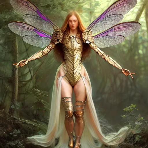 Image similar to photo of a humanoid dragonfly hybrid were a heroic dress an armour with dragonfly wings in the forest, long hair, highly detailed, digital painting, artstation, smooth, sharp focus, illustration, art by artgerm and greg rutkowski and alphonse mucha