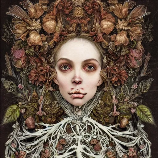 Prompt: a beautiful detailed front view baroque portrait of a rotten woman corpse with fractal plants and fractal flowers and mushrooms growing around, intricate, symmetrical, ornate, ornamentation, bones, art nouveau style