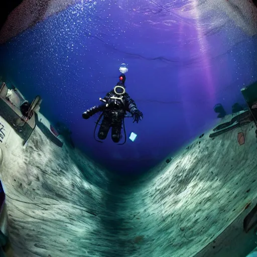 Prompt: underwater photograph of an astronaut exploring deep ocean creatures, eerie