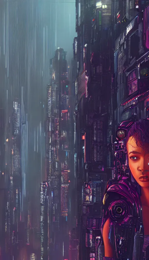 Image similar to a beautiful young Black woman, cyberpunk, Blade Runner city background, highly detailed, 8K, artstation, illustration, art by Gustav Klimt