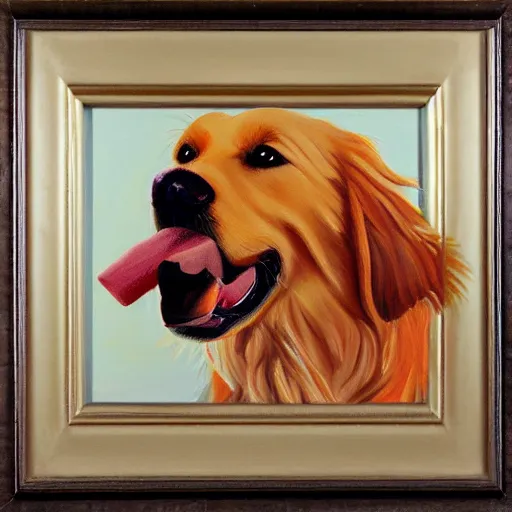 Prompt: oil painting of a golden retriever sticking its tongue out, light orange background