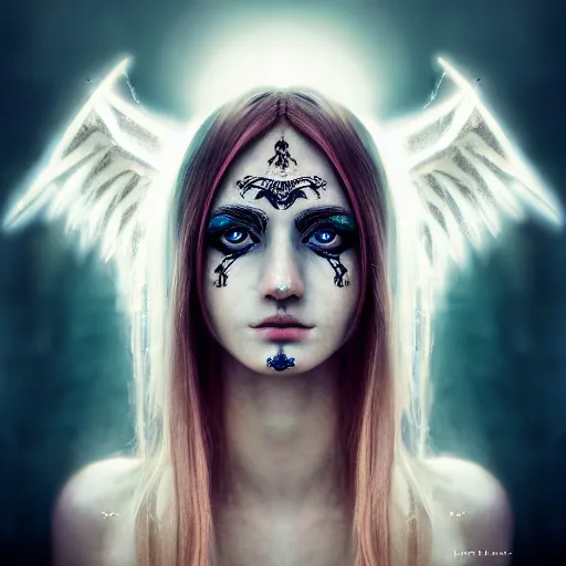 Image similar to prompt, insanely beautiful angel with runes on the head, modelsociety, radiant skin, huge anime eyes, rtx on, perfect face, intricate, sony a 7 r iv, symmetric balance, polarizing filter, photolab, lightroom, 4 k, dolby vision, photography award