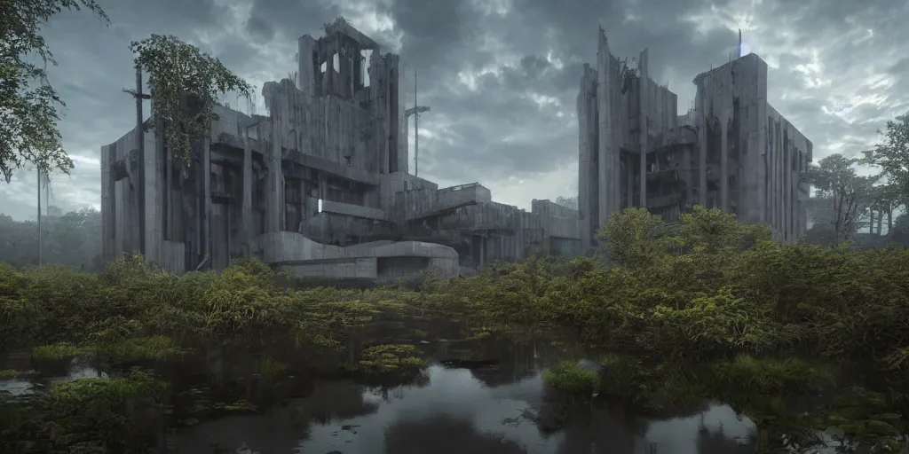 Image similar to an extremely detailed cathedral of brutalist architecture, surrounded by lush green forest, ponds of water, stunning volumetric lighting, sunset, rusted metal, solid concrete, stunning skies, trending on Artstation, 8k, photorealistic, hyper detailed, unreal engine 5, IMAX quality, cinematic, epic lighting, in the style of Greg Rutkowski