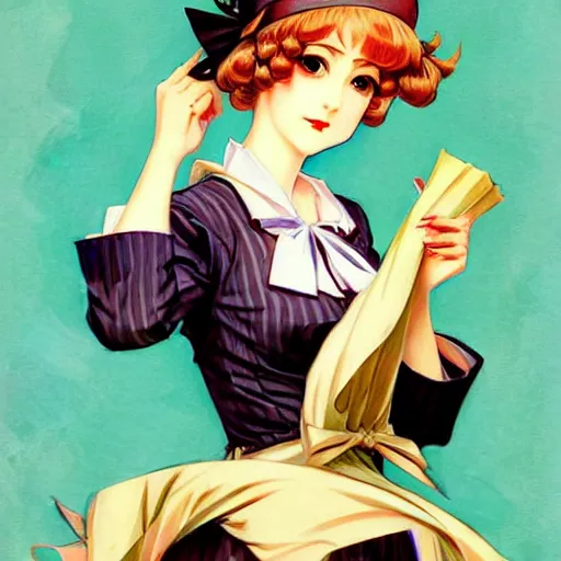 Prompt: character from touhou project in the style of j. c. leyendecker, illustration by j. c. leyendecker, anime cyber girl, cute, beautiful, elegant high art, vintage