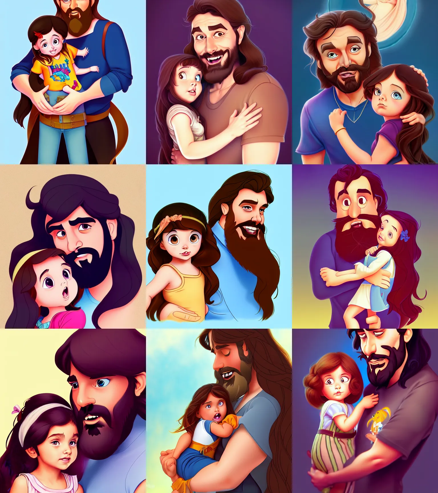 Image similar to a long - haired bearded father and his brunette child toddler girl full color digital illustration in the style of don bluth, artgerm, artstation trending, 4 k