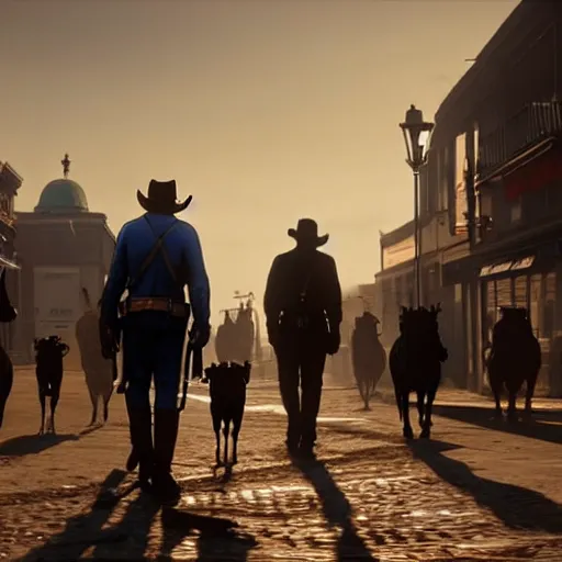 Image similar to cowboy androids walking the streets in Saint Denis in Red Dead Redemption 2 8k hyperdetailed photorealism HDR