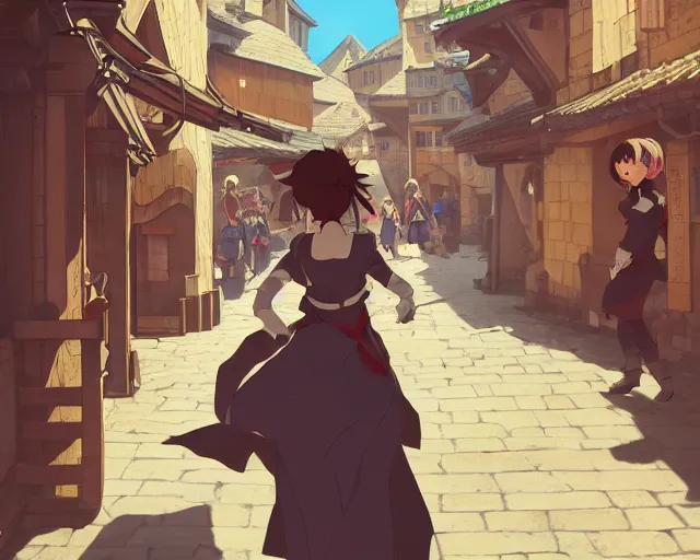 Image similar to anime still frame portrait of a young female walking through a busy medieval village, dynamic pose, dynamic perspective, detailed silhouette, cel shaded anime, ilya kuvshinov face style